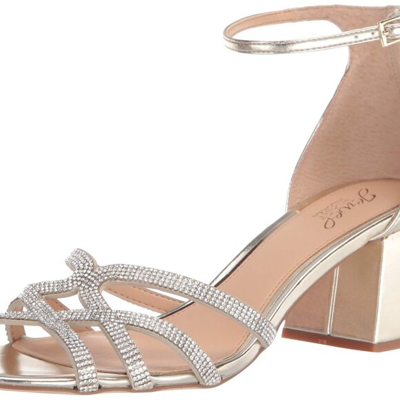 Jewel Badgley Mischka Fidelia Size 6.5 Gold Rhinestone Block Heel Sandals Nib - Picture 2 of 13